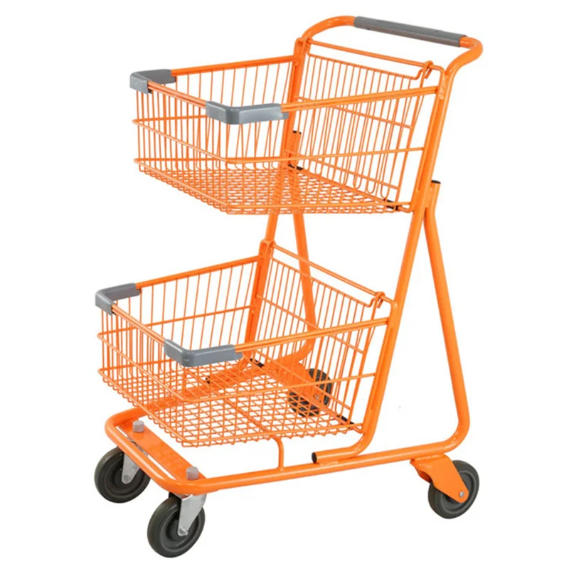 Double Basket Mini Chrome Trolly For Supermarket Metal 2-Tier Shopping Cart