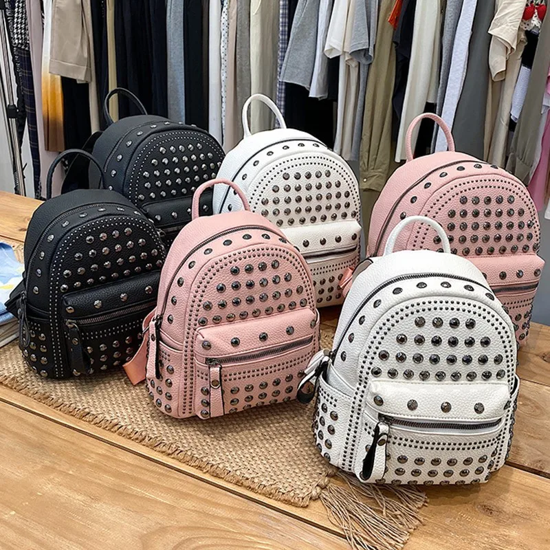 2022 Hot Sale Fashion Pu Leather Mini Travel Bag Ladies Pink Leather Rivet Backpack For Student