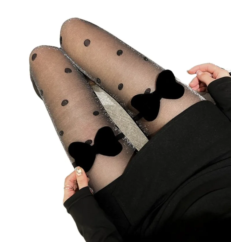 insHot girl pure desire style design black micro-transparent stockings silver onion wave polka dot velvet bow pantyhose