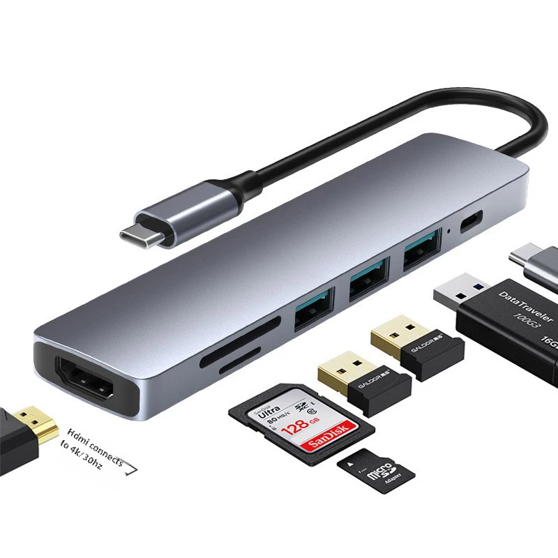 7-в-1 док-станция типа C разветвитель с USB3.0 PD TF-концентратор для SD HDMI MacBook Tablet