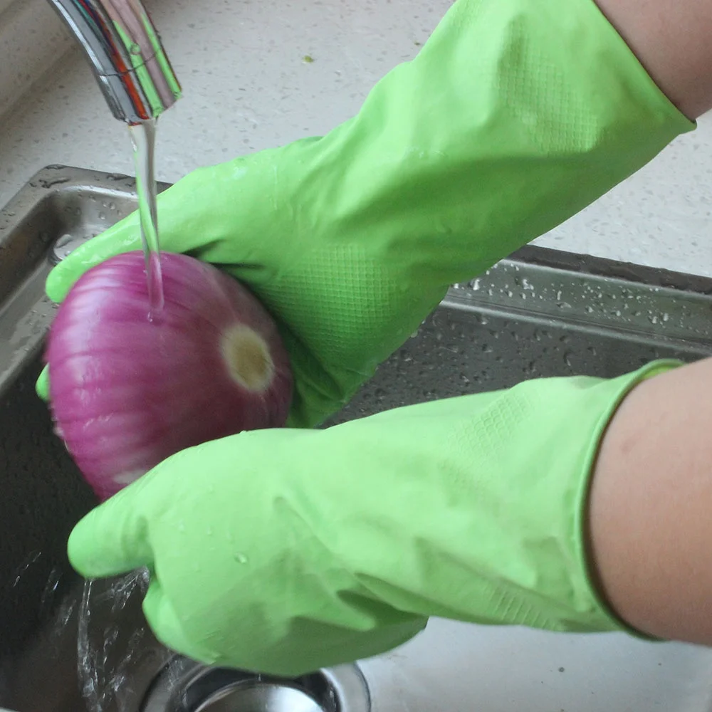 green flocklined grain latex nitrile disposable rubber dishing  for washing household gloves kitchen