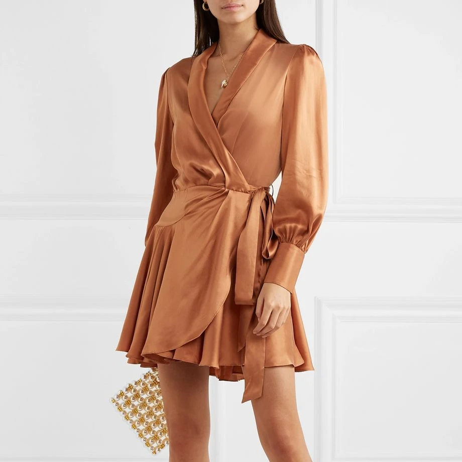 
2021spring new Morden Fashion Design Women Clothing Super Eight Silk Wrap V-neck Satin Mini Dress with Waist Band 
