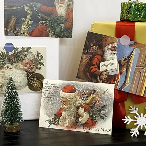 Christmas Greeting Cards Santa and Christmas Reprint Antique Postcard Retro Blank Christmas Greetings for Friends Greeting