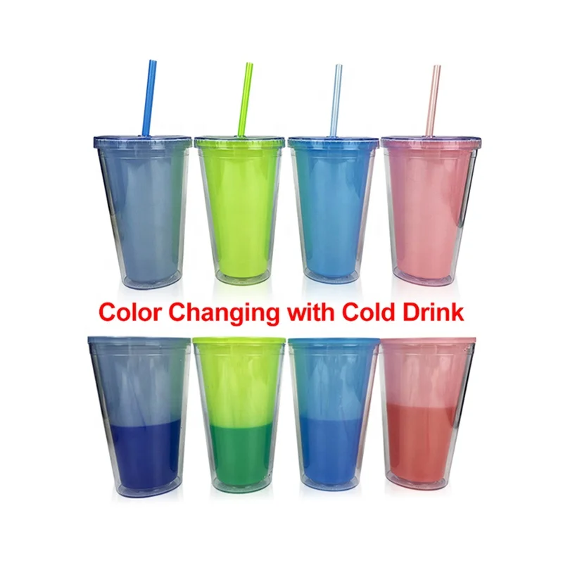 16 oz Reusable Color Changing Temperature Plastic Cups, Drinking Tumbler with Lids & Straws Wholesale Bulk