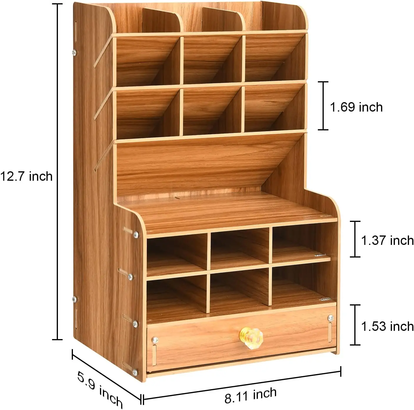 Wooden Pencil Holder, Pen Organizer for Desk with 15 Compartments + Drawer, Desktop Stationary Storage Organizer Caddy