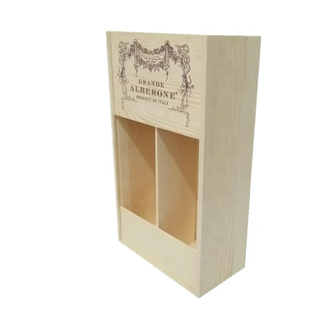 Natural Wood Double Bottles Wine Box with Slide Lid and Removable Divider Decorative Wooden Wine Gift Box Packaging Storage Case