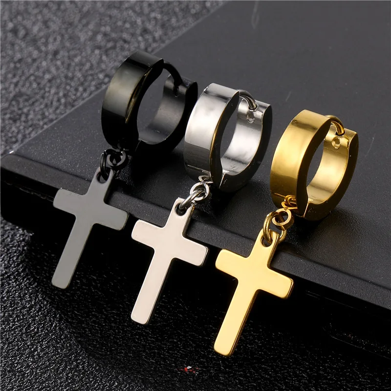 
fashion trendy 314L titanium steel dangling cross earrings men 