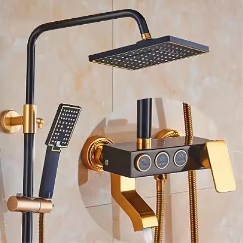 Luxury Shower Column 4 Functions Rain AL Black Gold Hot and Cold Brass Bathroom Shower Set Kit