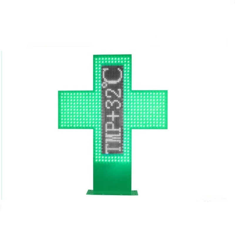 CE RoHS led cross pharmacy with double sides 80X80cm flashing green led and 16X64pixel temperature led cross sign