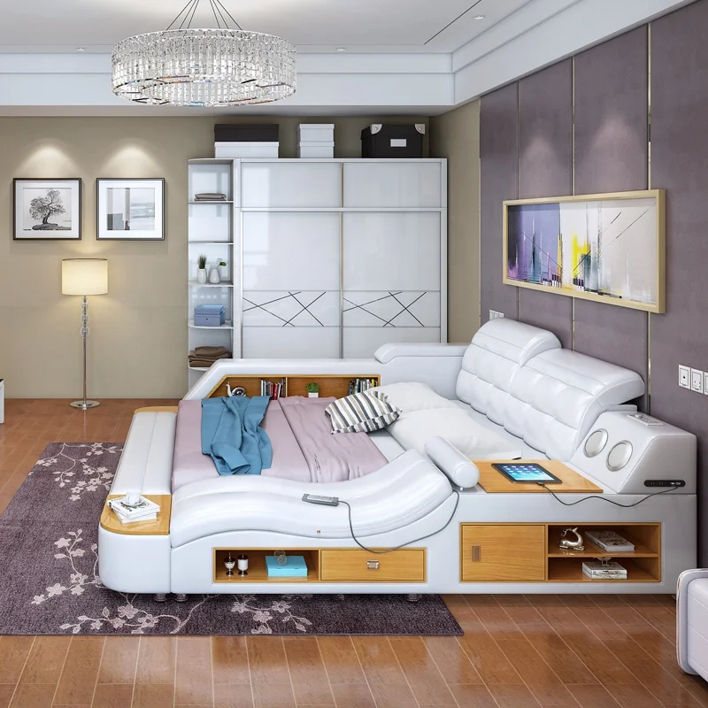 Luxury Modern Bedroom Furniture Double Sleeping Tatami Storage Massage Leather Bed With Gas Lift
