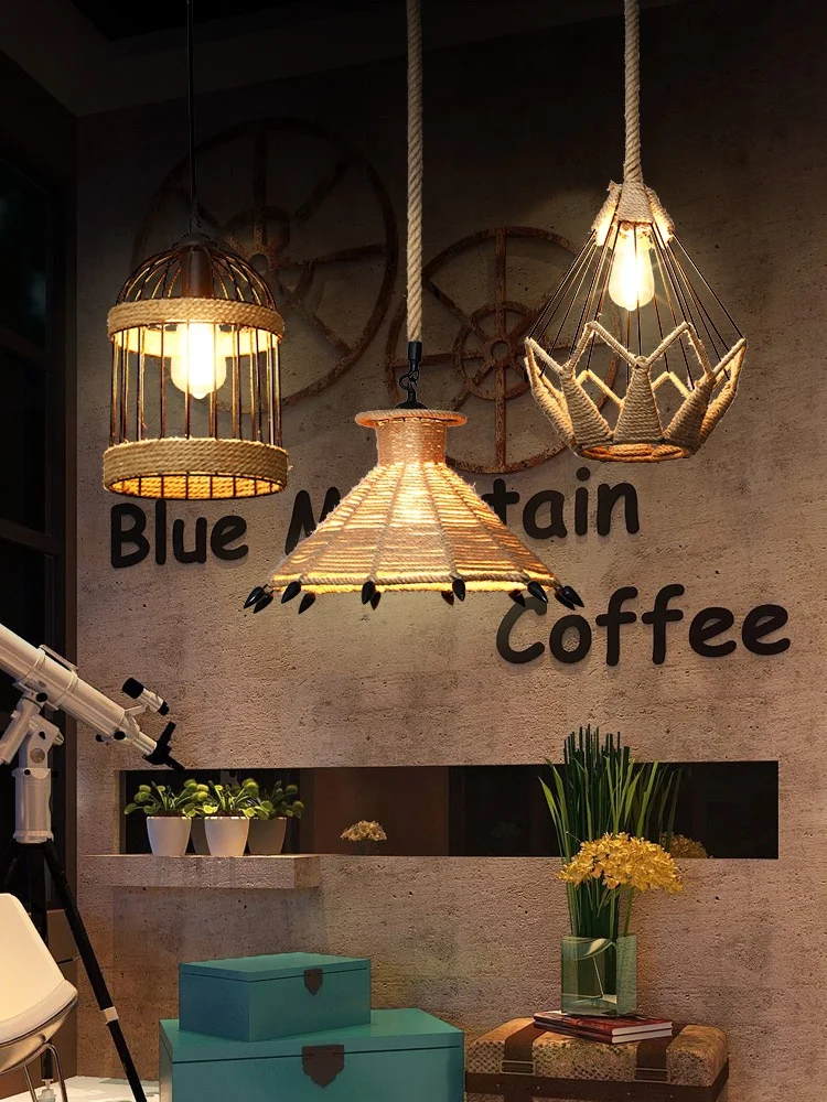 Vintage Industrial Hemp Rope Pendant Light American Country Style Iron Rope Chandelier For Bar Coffee Shop