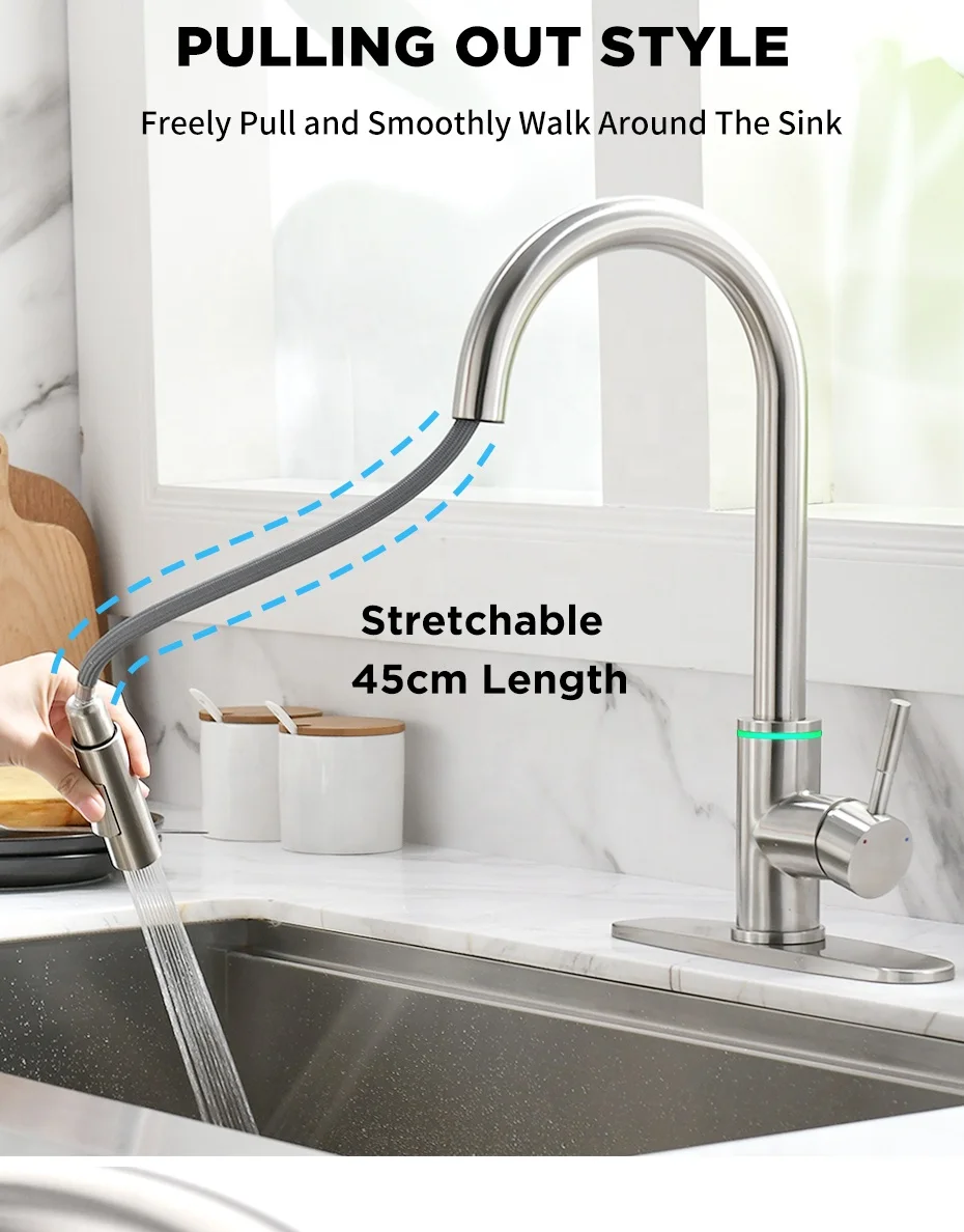 Hot sale sus304 Pull out Smart Touch Sensor Kitchen Faucet with LED 3 Way Water Saving Faucet Hot Cold Mixers Tap