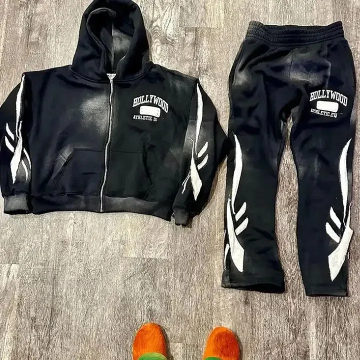 Custom Wholesale Pickling Zipper Applique Embroidered Patch Flared Stacked Pants And Hooded Pullover Tracksuit