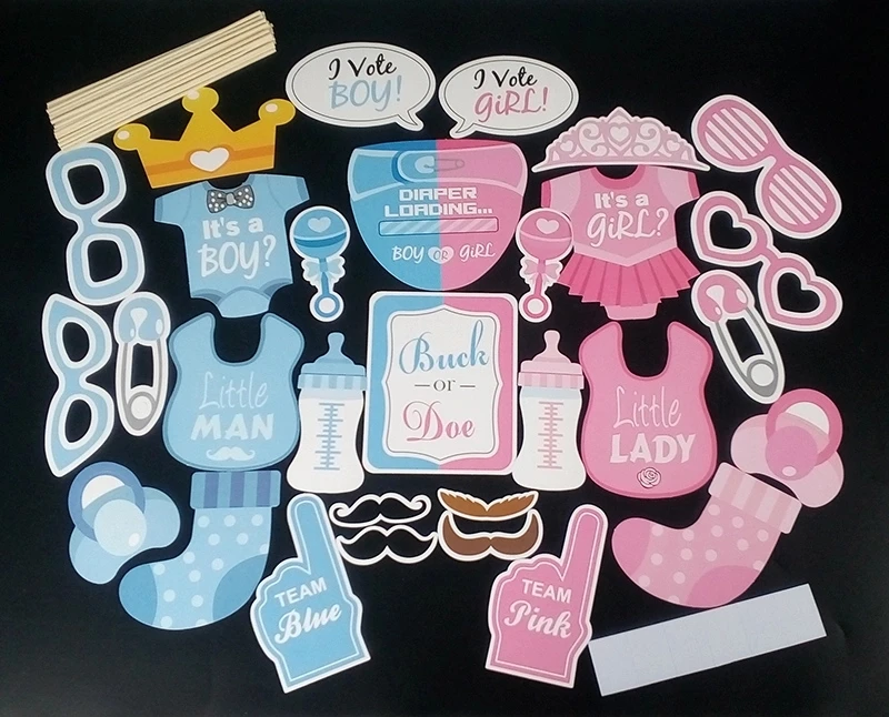30pcs Big Size Girls Boys Baby Shower Birthday Party Gender Reveal Photo Booth Props on Sticks Set