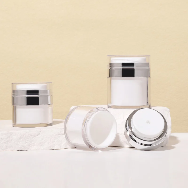 15g 30g Refillable Airless Pump Cream Fancy Silver 50g Personal Care Plastic Airless Pump Jar Cylinder  Recyclable jar for serum