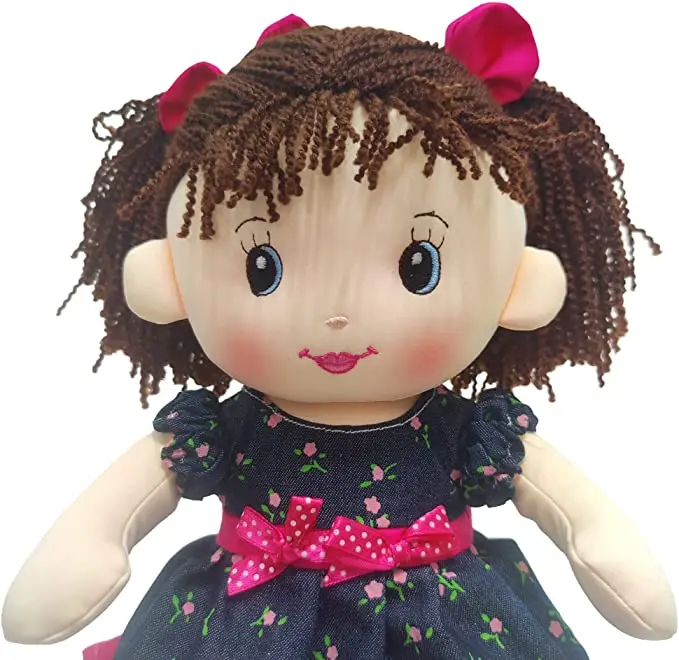Custom Soft Plush Rag Doll with Navy Blue Dress and Printed Magenta Roses Rag Doll for Girls Infants and Babies