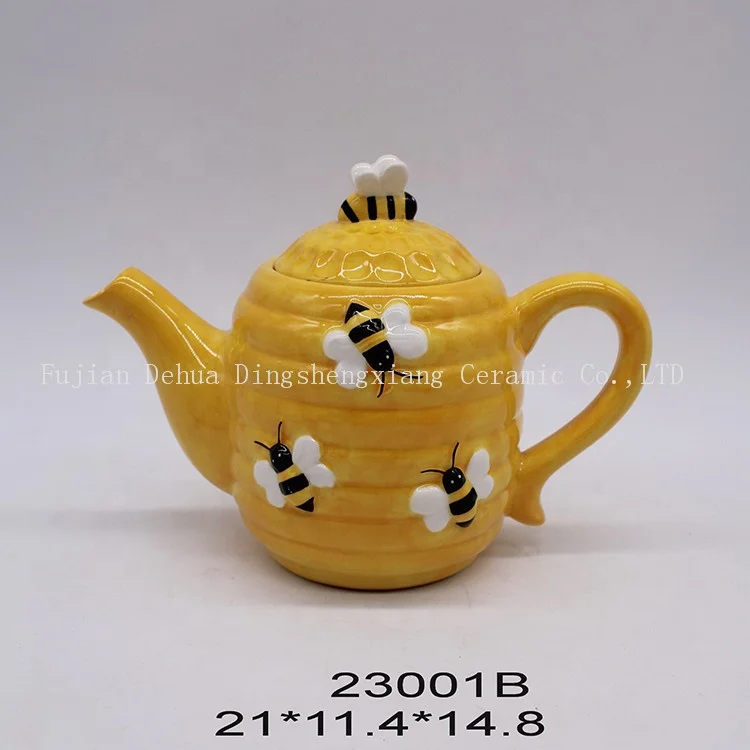 Handmade personalized embossed honey bee painting ceramic teapot