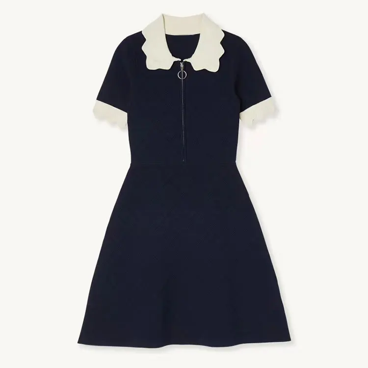 Knitwear manufacturers custom spring summer black lace collar short sleeves women knit sweater dress