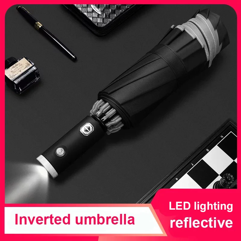 
Three fold button innovative solar umbrella with reflective strip to automatic open and close LED light reverse rain umbrella 