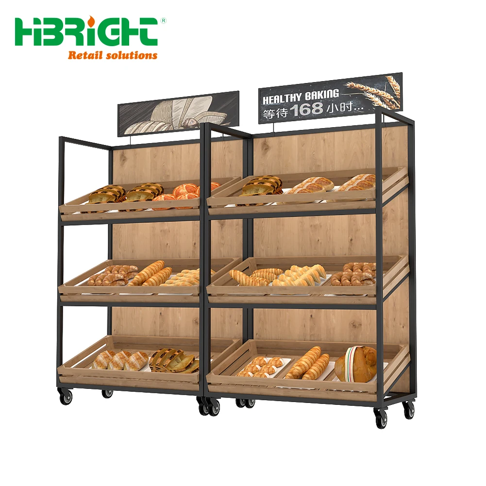 Wooden Bread  Display Rack Multilayers Supermarket Promotion Shelving for Professional Bakery