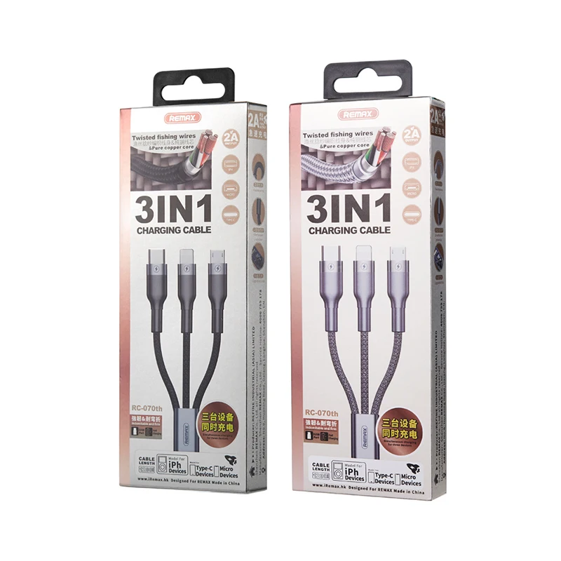  Remax Free sample RC-070th 1.2M 3 in 1 braided data cable for mobile