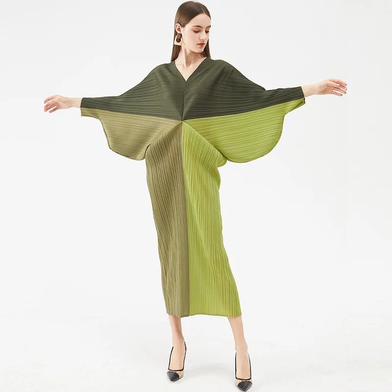 Женские плиссированные платья контрастных цветов с V-образным вырезом и длинными рукавами, 2021