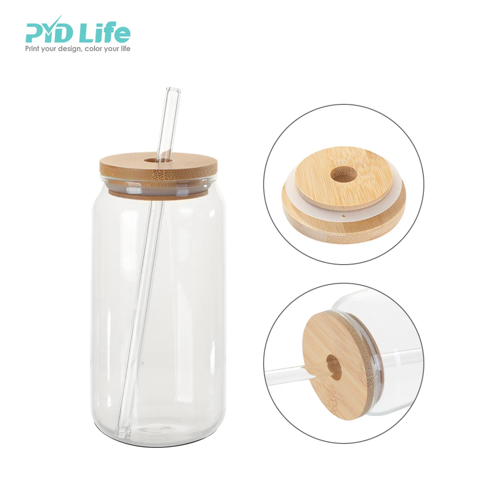 PYD Life 2022 18oz 550ml Custom Glass Sublimation Beer Soda Can Clear Glass Can Tumbler Cups with Bamboo Lid and Glass Straw
