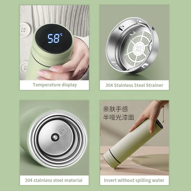Double-Walled Smart LED Temperature Display Water Bottle 500ml Stainless Steel with Soft Touch Matte Painting Tea Infuser