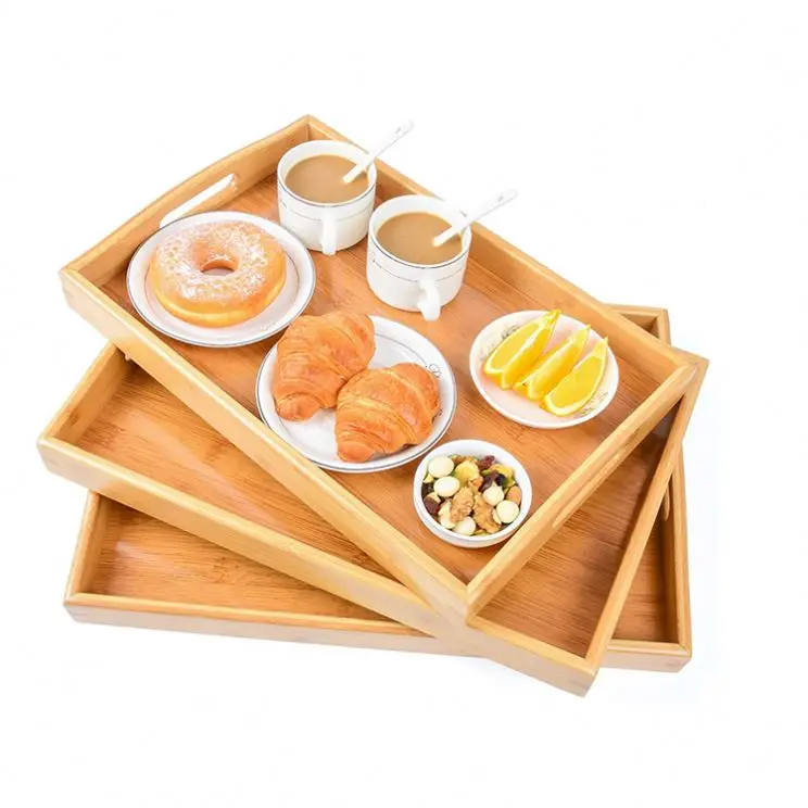 Set of 3 pieces natural bamboo and wood desktop display multi-purpose food tea bar rectangle wooden tray