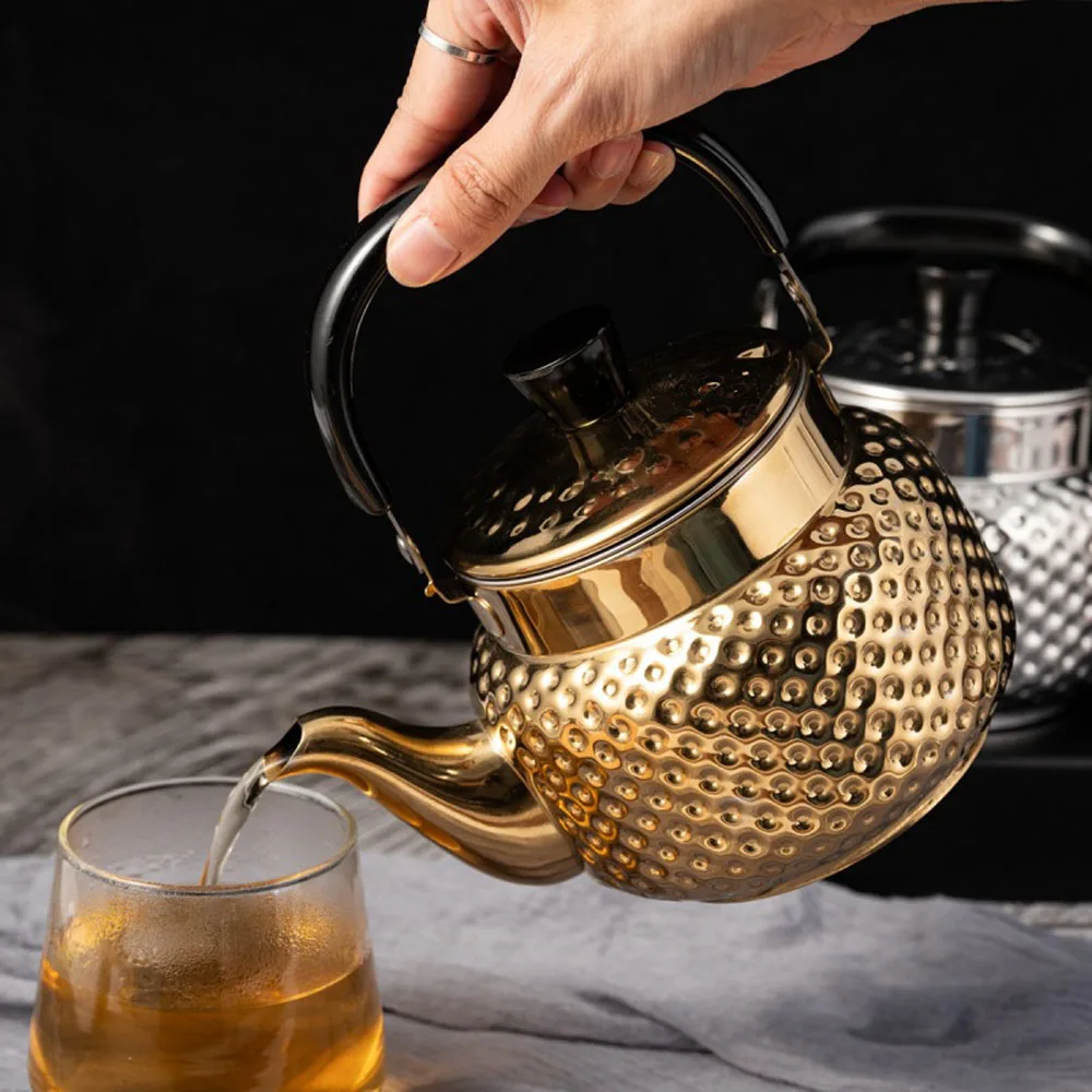 Gold Hammered Design Metal Tea Kettle Water Boilers 1500ml Stainless Steel Teapot with Infuser Strainer For Stovetop Camping