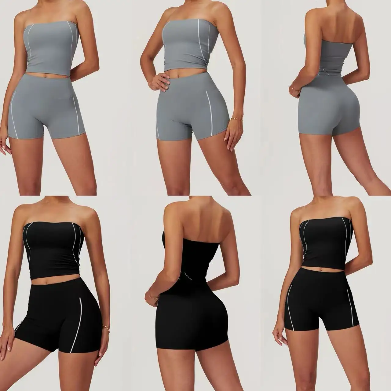 ladies black blank bra tube and shorts two pieces tracksuit set women clothing ropa deportiva de mujer para el gym outfit wear