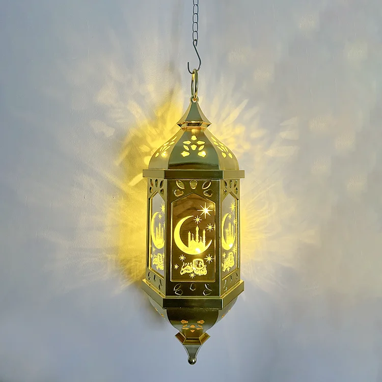 Superwin RTS Ramadan Lantern With Music Medium hexagon 10LED copper wire chandelier electroplated  chain  Muslim Islam Festival