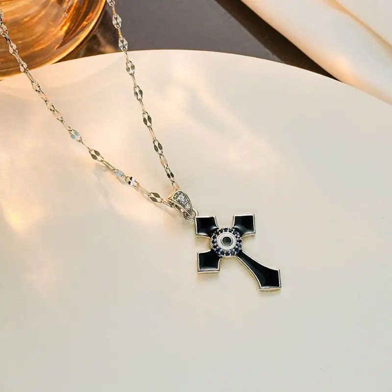 Fashion individuality with colored dripping oil cross stainless steel jewelry personality Hip hop popular zircon necklace