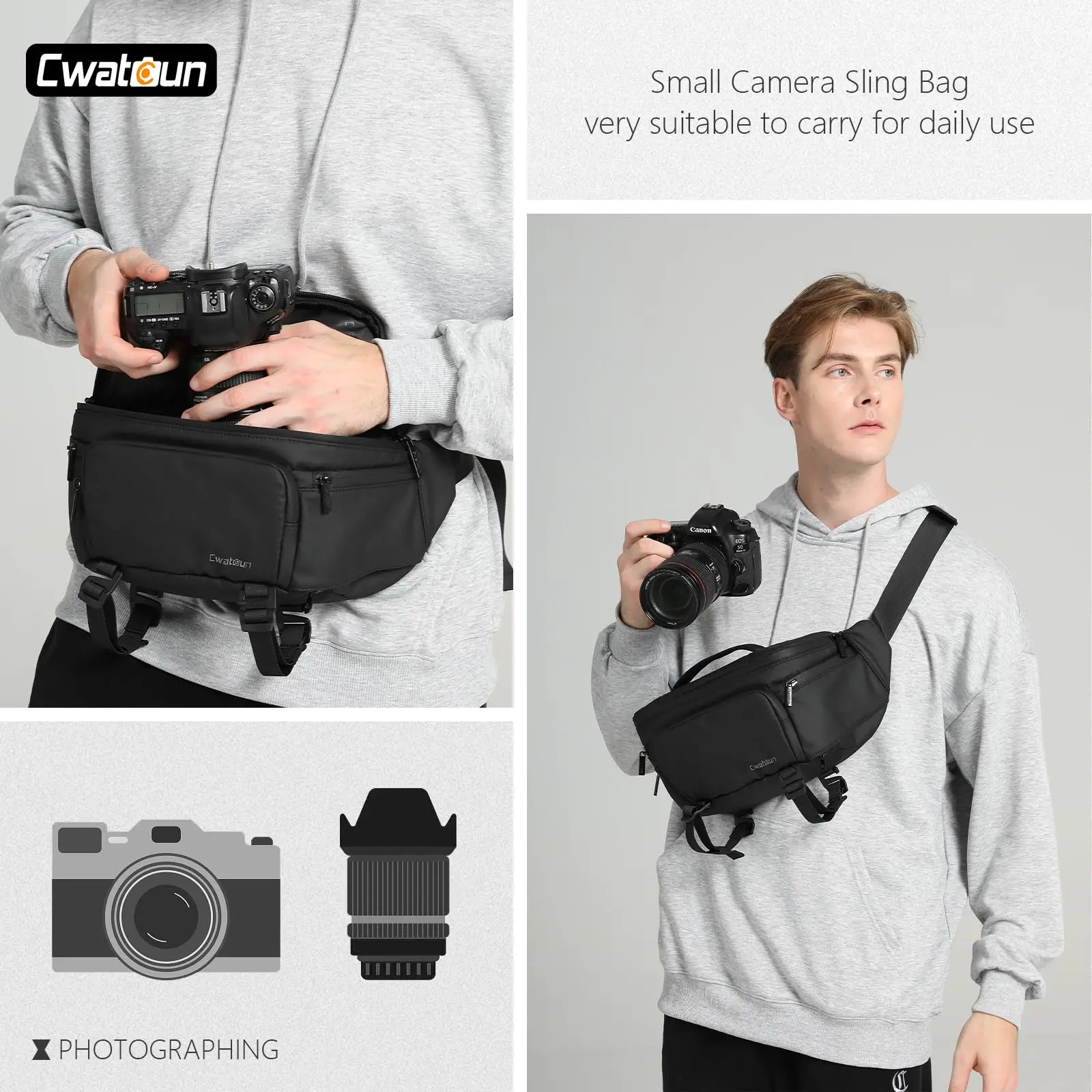 Cwatcun D105L Waterproof Leather DSLR SLR Lens Case Small Photography Sling Chest Crossbody Belt Camera Waist Bag for Canon