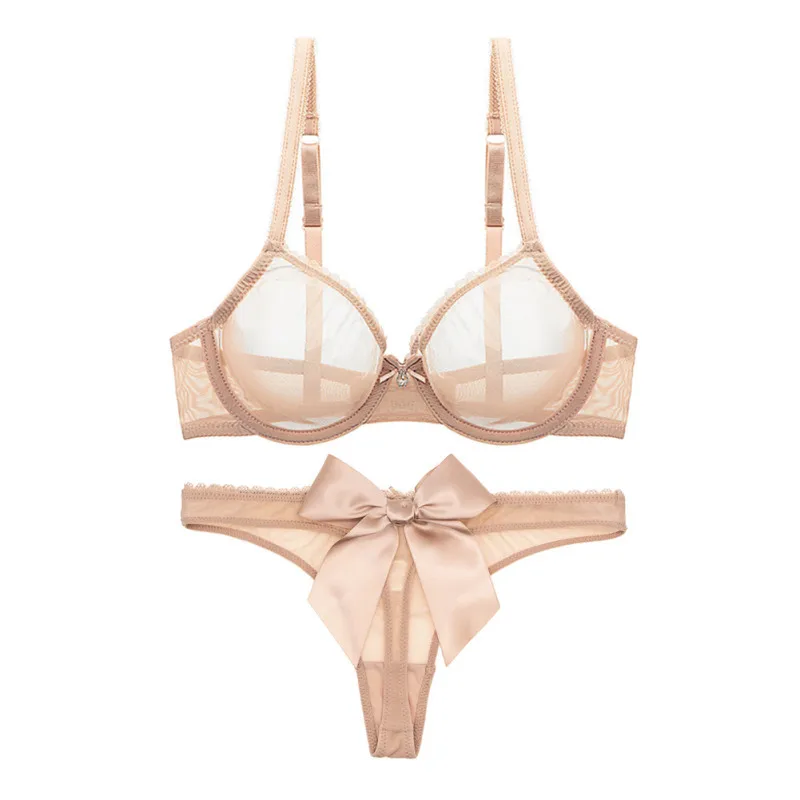 Ultra-thin Cup Mesh Lace Underwear Transparent Unlined Plus Size Bra Set Bow or Bunny Thong Panties Lingerie Wedding Underwear