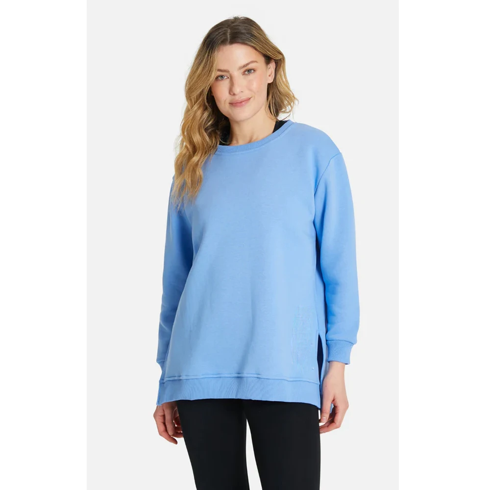 Oversized Crew Neck Sweatshirt Green And Blue Women Fleece Lining Side Slits Hoodies Custom Embroidery Logo