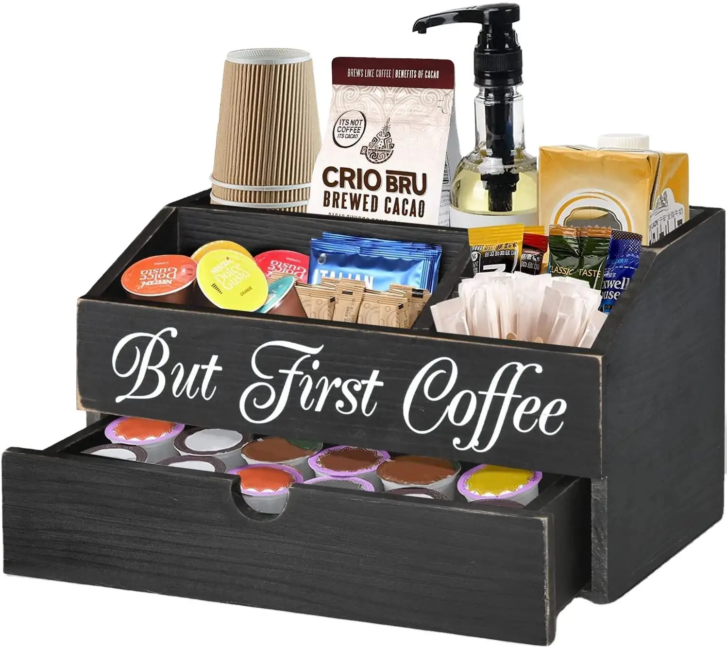 Farmhouse Coffee Bar Accessories Caddy Wooden Coffee Station Organizer Kcup Coffee Pod Holder Storage Basket with Serving Tray