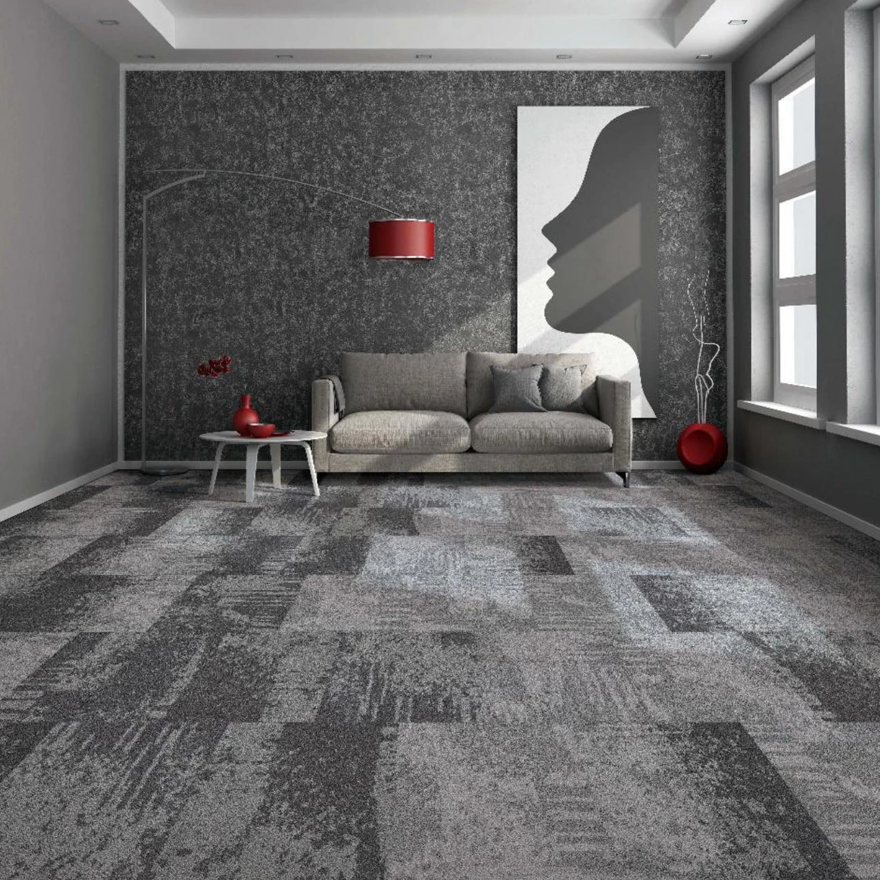 2023 China Factory New Technology Design Peel And Stick Self Adhesive Black Light Grey 50x50cm Carpet Tiles