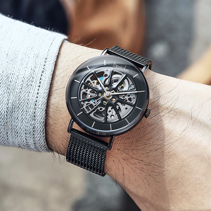 2021 new design watch with visible mechanism waterproof automatic mechanical movement car wheel watch