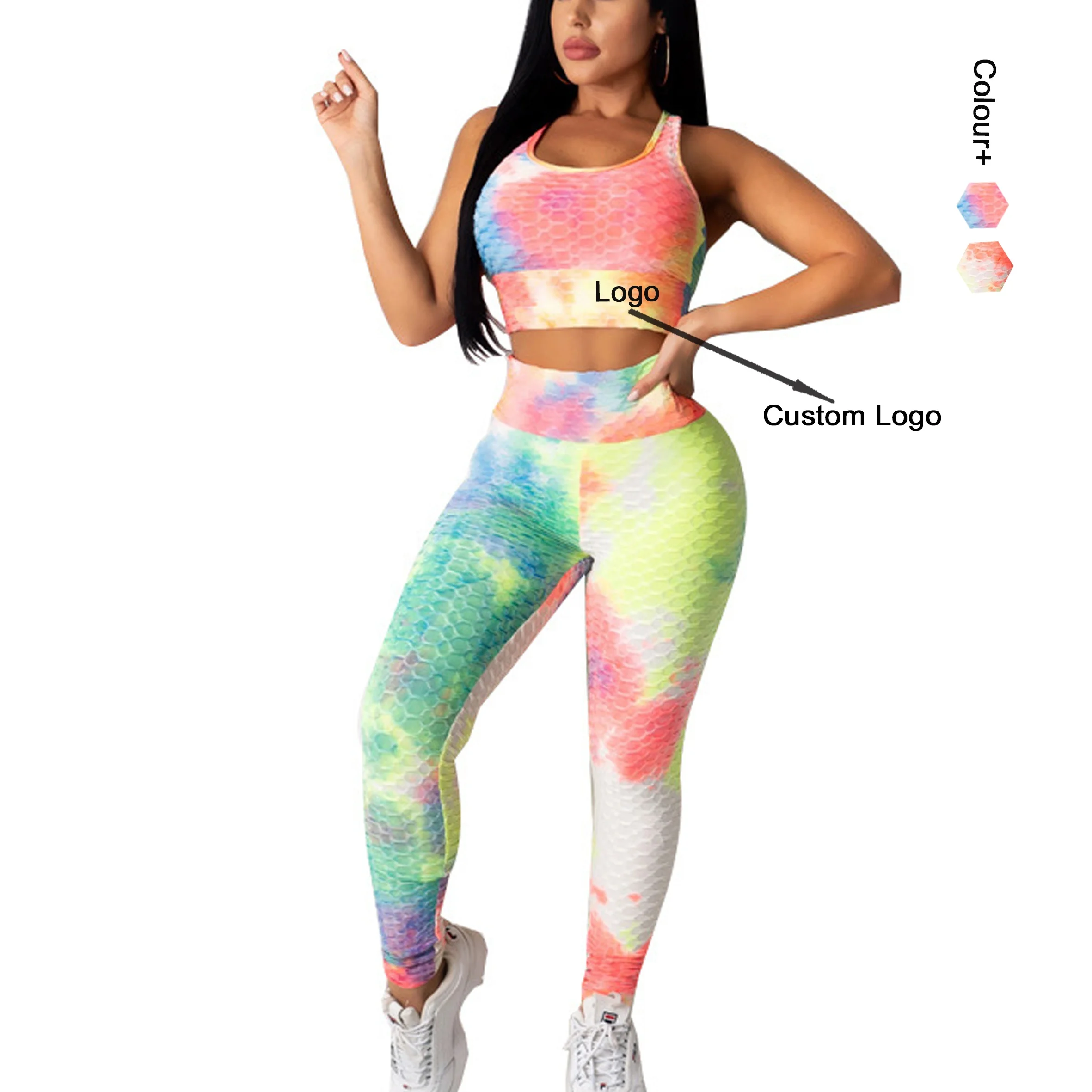 Wholesale Gym Fitness Sets Workout Clothing Women Anti Cellulite Scrunch Butt Leggings Set and Tie Dye Sports Bra