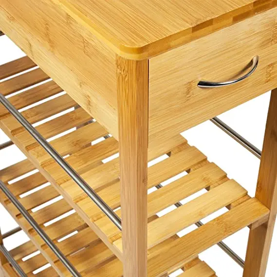 Bamboo Kitchen Trolley Cart with Drawer, Utility Organizer Rack, 4-Tier Slimline Bamboo Kitchen Islands Storage Trolley Cart