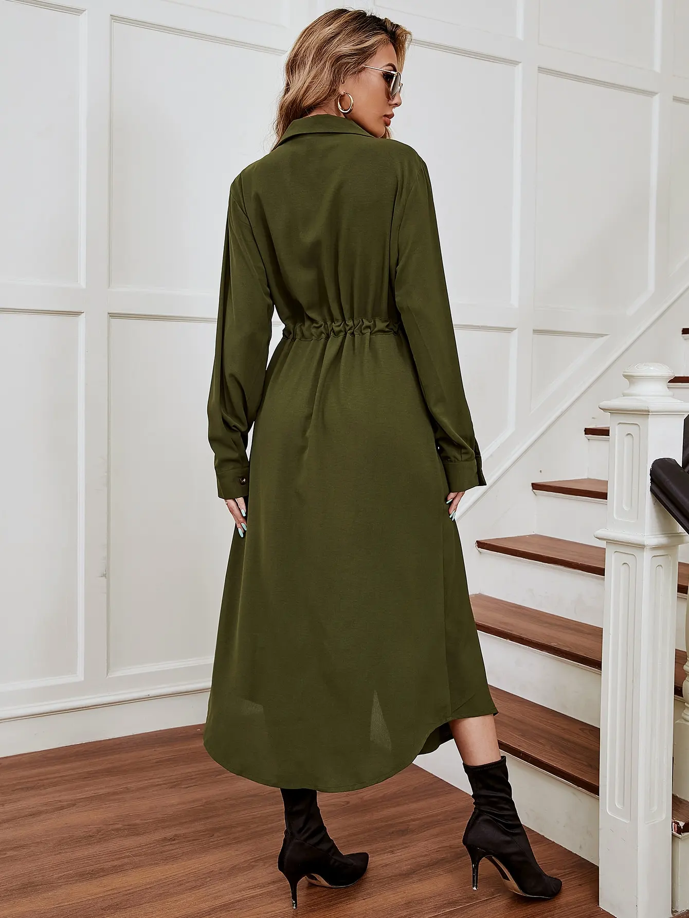 2023 OEM free Sample ladies Waist Pocket Front Shirt casual evening plus size beautiful autumn dresses for young ladi