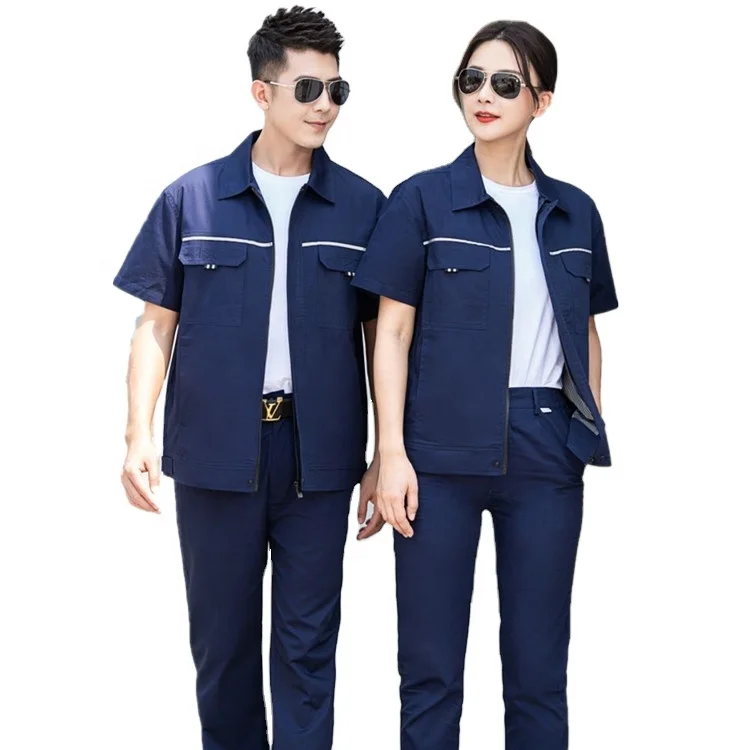 short sleeve industrial mechanic logo custom working uniform labor protection workshop work wear suit zipper jacket pant set