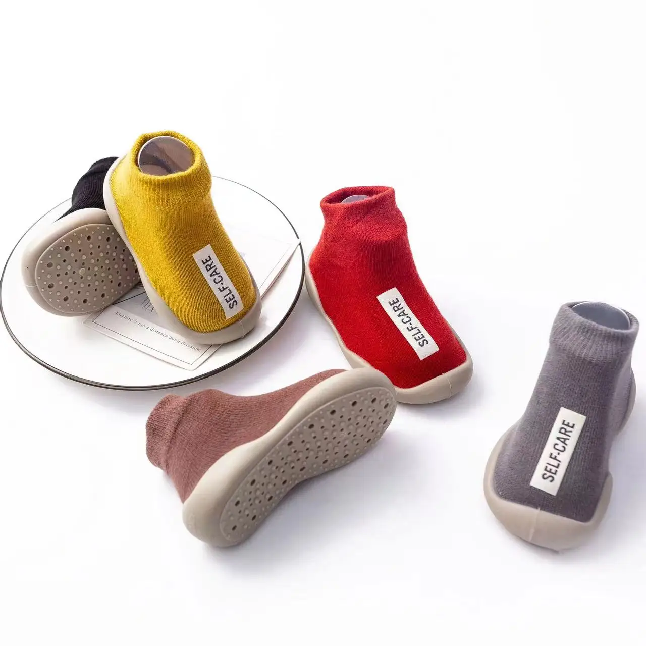 KTS459 Custom Woven Label Brand Name Early Education Anti Slip TPE Rubber Soft Thick Sole Cotton Toddler Baby Shoes Floor Socks