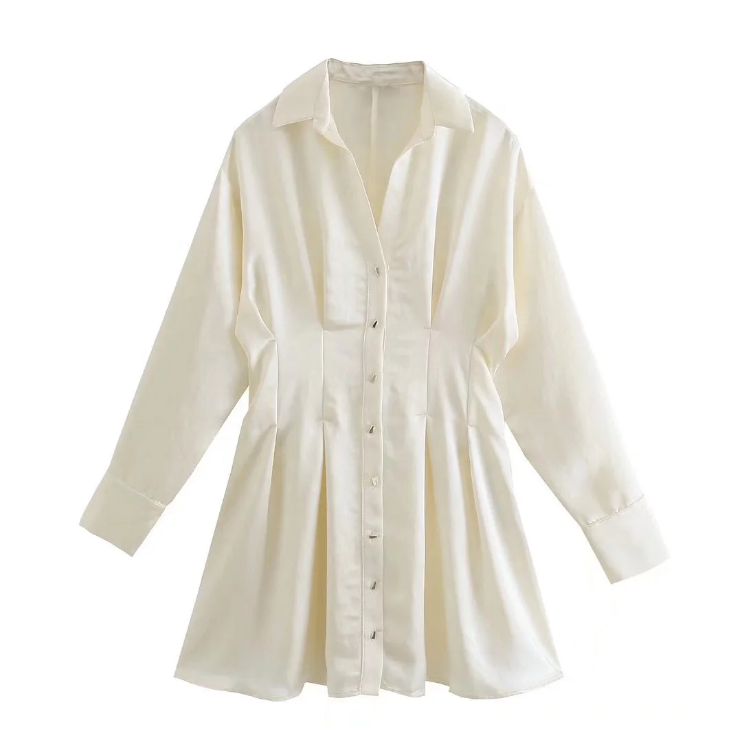 2022 New Early spring European and American fashion versatile satin shirt-style dress