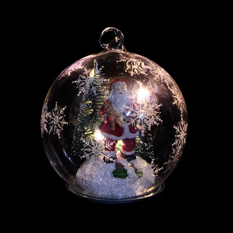 12cm Decorative Glass hanging balls LED lighted Resin Angel inside snow Christmas decoration