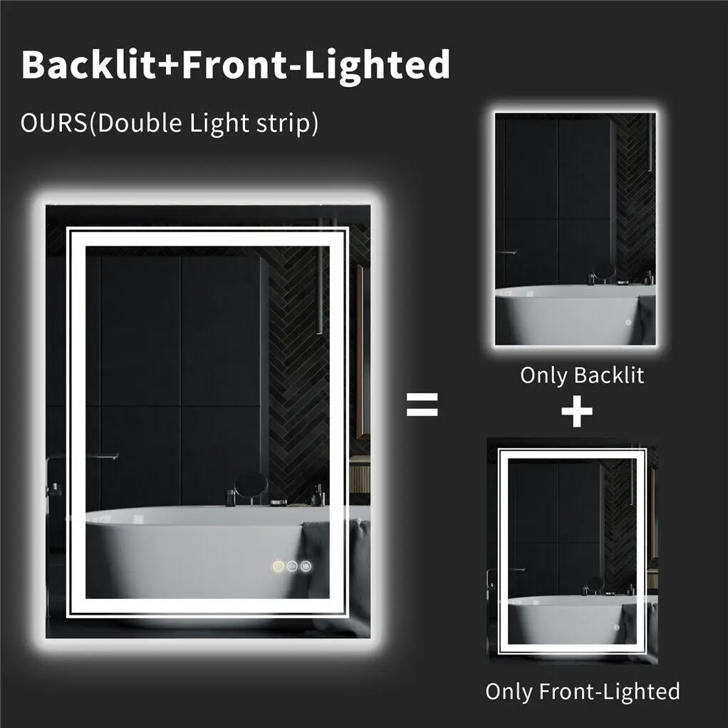 19.7x27.6 inch Custom-made Rectangle LED Double Illuminate Bathroom Mirror 3 Color Dimming Defogging Shower Shaving Mirror