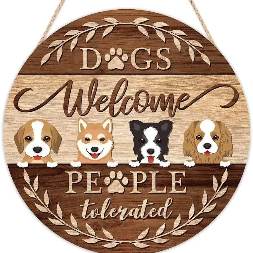 Vietnam Adorable Cartoon Dog Door Sign Cute Welcome Front Door Wood Wall Sign for Dog Lovers Farmhouse for Pets & Owners