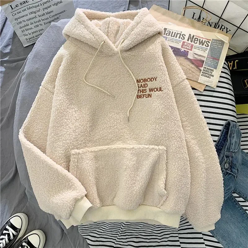 Thickened Sweatshirt Women Casual Solid Long Sleeve Loose Fit Tops Pullover Female Autumn Winter Women Hoodies