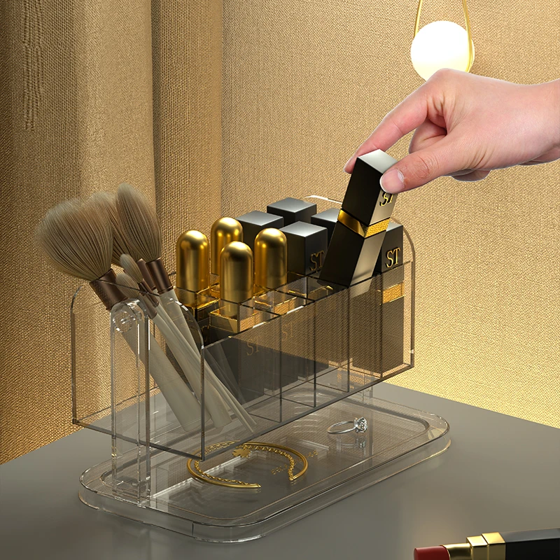desktop beauty large plastic makeup brushes holder make up organizer clear vanity cosmetic lipstick storage box